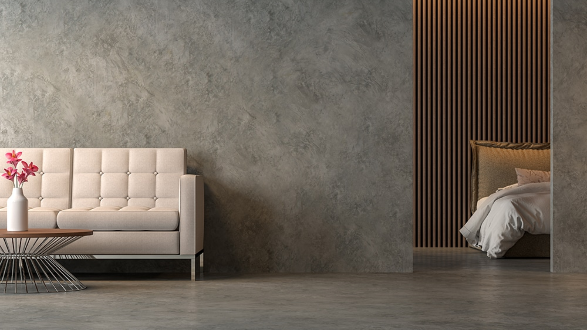 Detalle de pared con microcemento gris oscuro